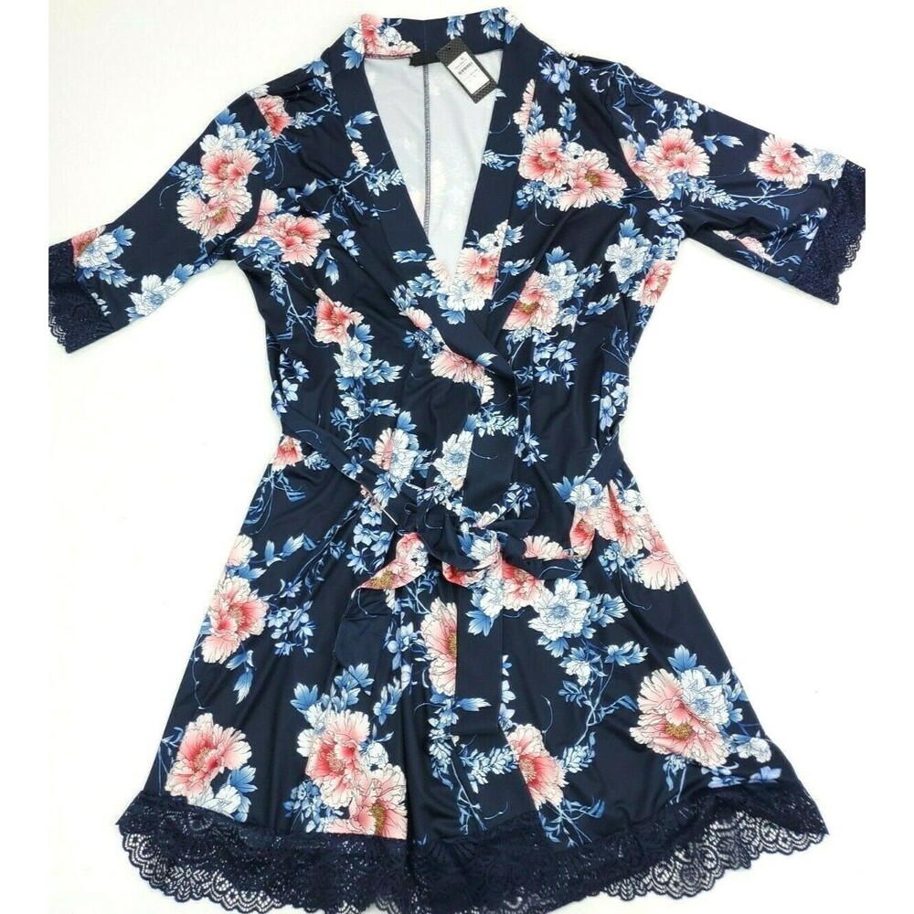 City Chic Womens Blue Floral Print Leah Wrap Robe Size M 18